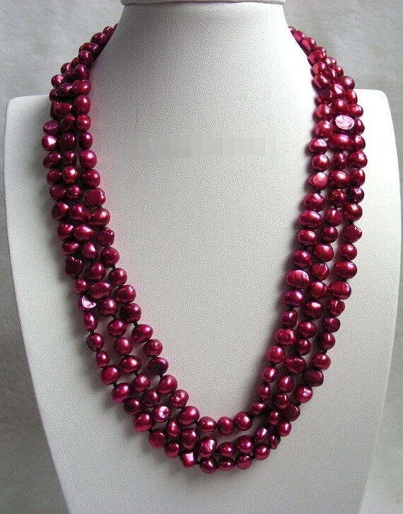 

Women Gift word Love shipping baroque 3row wine red freshwater pearls necklace