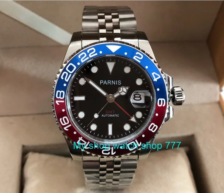 Cena 40mm PARNIS szafirowe GMT automatyczne maszyny ruch luminous zegarki męskie niebieski i czerwony bezel pa61 p8