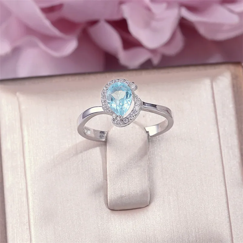 Rings For Women Fine Jewelry 100% Silver Natural Topaz Blue Water Drop Gemstone Ring Simple Classic Accessories R-TO013