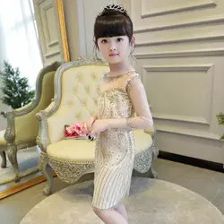 Китайские платья для маленьких девочек; костюм принцессы; Детские нарядные платья; вечерние платья золотого цвета; торжественное платье;