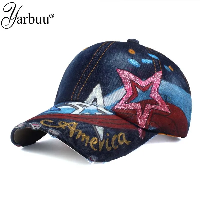 

[YARBUU] 2017 new fashion high quality star USA flag painting jean materialv baseball cap Adjustable Casual Snapback hat cap