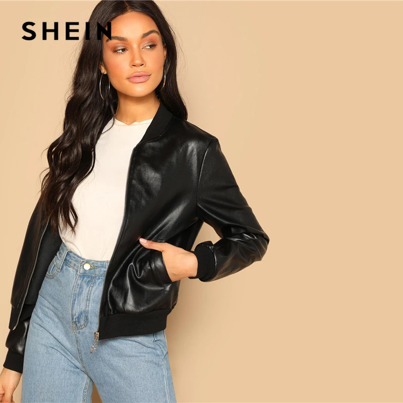 SHEIN Искусственный Кожаный Жакет Бомбер На Молнии Кожаная Куртка Из Эко