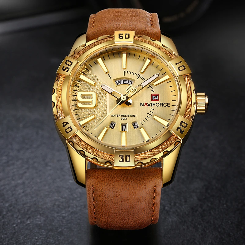 NAVIFORCE Топ люксовый бренд мужские кожаные золотые часы Мужские кварцевые часы с датой мужские спортивные водонепроницаемые наручные часы relogio masculino