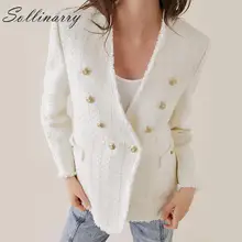 Sollinarry Elegante V-hals Jas Blazer Vrouwen Double Breasted OL Office Blazer Vrouwen Mode Witte Tweed Dames Blazers Herfst(China)