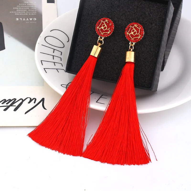 Fashion Bohemian Tassel Crystal Long Earrings White Red Silk Fabric Drop Dangle Tassel Earrings For Women Jewelry