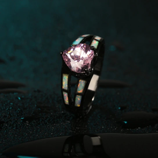 Black Rhodium Plated Fire Opal & Heart-Cut Pink Cubic Zirconia Ring R1761