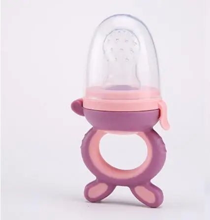 Портативная силиконовая соска для младенцев, бутылочка для кормления свежей пищи, ручка для кормления, зубопрорезыватель - Цвет: Purple ear L