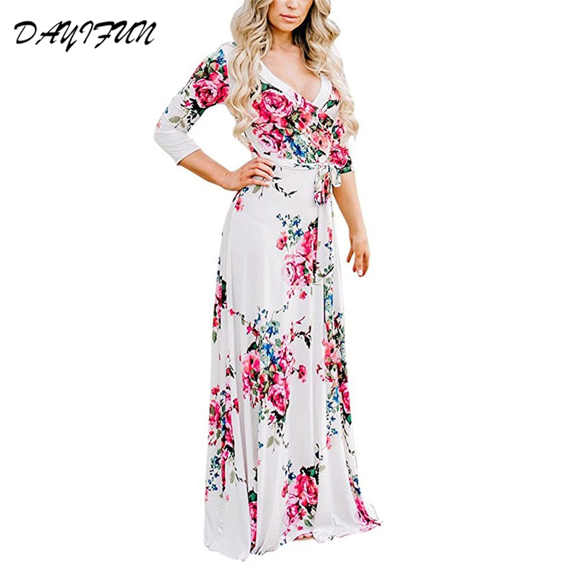 

DAYIFUN Women Floral Print Maxi Dress Sexy V Neck Boho Long Party Dresses 3/4 Sleeve Belt Autumn Women Casual Vestidos 6256