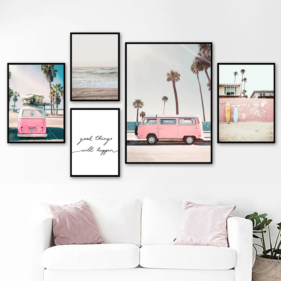 

Pink Bus Sky Sea Beach Coconut Palm Quote Nordic Posters And Prints Wall Art Canvas Painting Wall Pictures For Living Room Decor