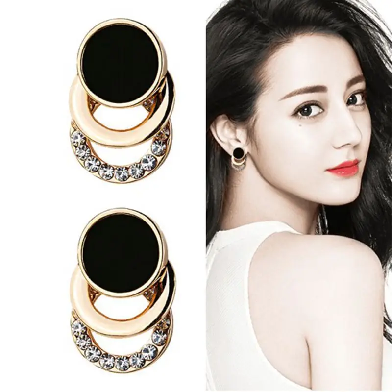 

2019 Fashion Stud Earrings Korea Black Gold Color Round Metal 3 Layer Crystal Earrings for Women Rhinestone Bridal Jewelry