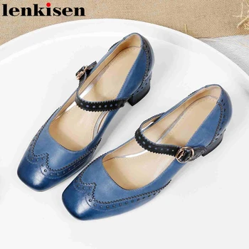 

Lenkisen mixed color lacework ruffles breathable brand square med heels shallow British preppy style gradient women pumps L02