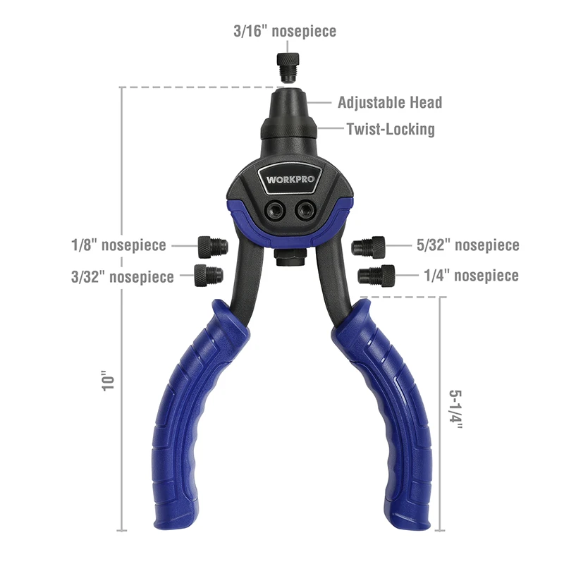 WORKPRO 10" Riveter Gun with Rivet Nut Blind Rivet Guns Hand Riveting Kits Home DIY Nails Gun
