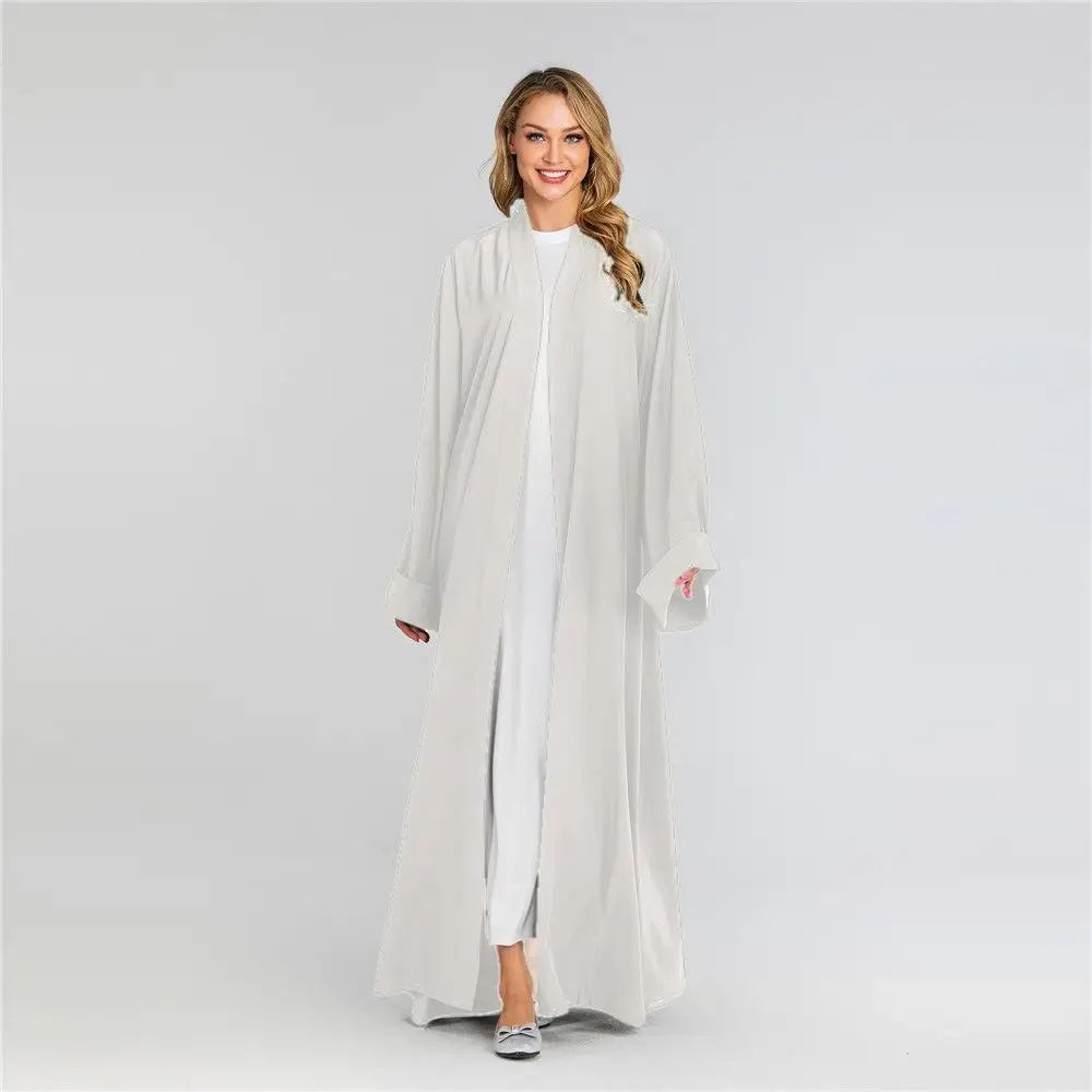 New Open Front Cardigan Dubai Kimono Abaya Maxi Dress Muslim For Women Solid Color Long Sleeve Arab Robe Gown Middle East Dress - Цвет: Белый