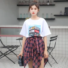 Летняя юбка женская в японском стиле уличная эластичная талия Harajuku клетчатая Асимметричная короткая юбка красный faldas mujer B252