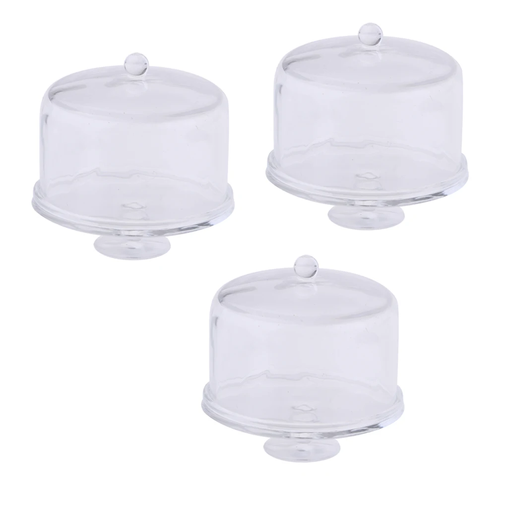 3pcs Dollhouse Miniature Cake Stand Acrylic Serving Platter with Lid for 1/12 Scale Doll House Decorations