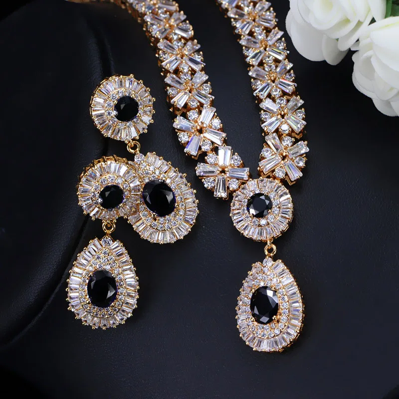 BeaQueen Luxury CZ Stone Paved Red Garnet Austria Crystal Statement Necklace Earrings for Women Wedding Jewelry Set JS059 - Окраска металла: Gold Black