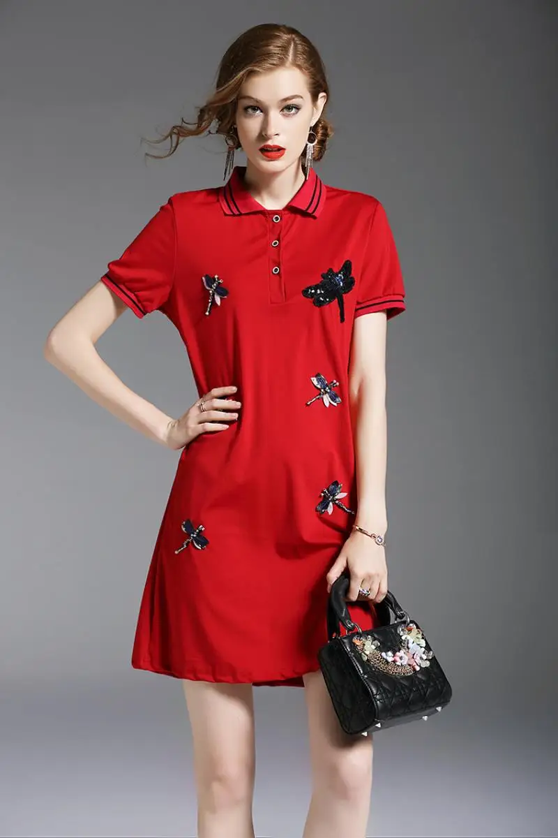 New Arrival 2018 Brand Clothing Summer Short Sleeved T-shirt Dress Women Embroidery Beading Casual White POLO Shirt Dress S-XXL