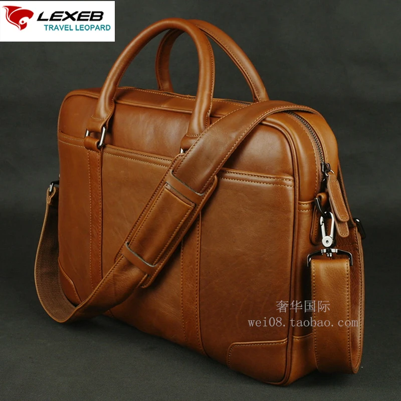 LEXEB Solid Brown Leather Men s Briefcase For 15 Inches font b Laptop b font Classic