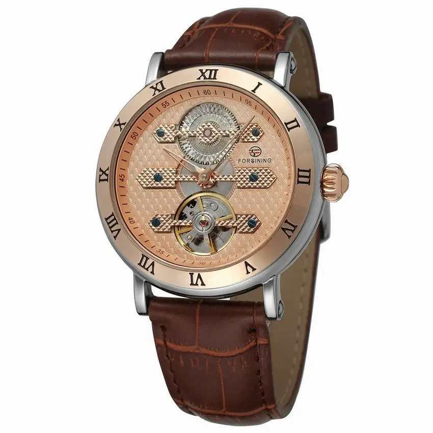Classic Fashion Tourbillon Genuine Leather Rose Gold Dial Roman Number Case Automatic Self Wind Mechanical Watch Men New | Наручные часы