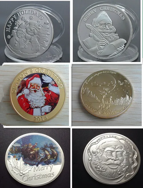 

30 pcs/lot Mix Merry Christmas gift season greeting Santa Claus reindeer silver gold plated colored new year gift coin