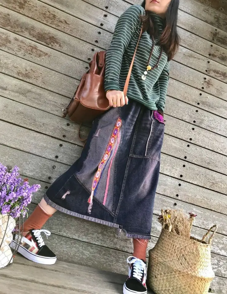 Original spring new literary retro embroidered patch edging tassel denim skirt long skirt female tide