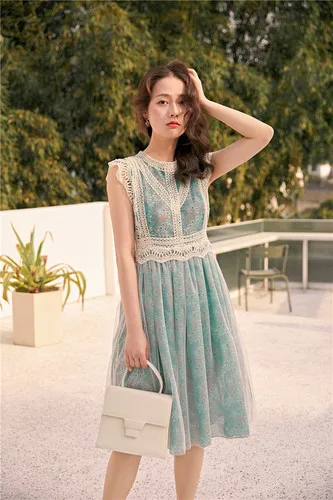 

Sleeveless Lace Small Floral Elegant Light Blue Dresses Woman Print Lace Hollow Mesh Dress Chiffon Woman Cloth Korean Vintage