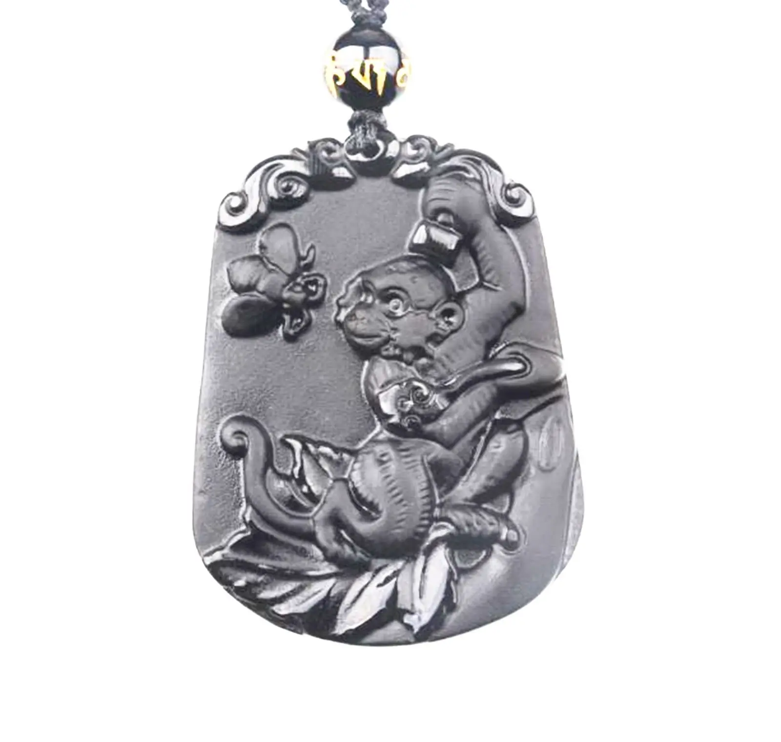 Koraba Fine Jewelry Natural Obsidian Hand Carved Chinese Monkey Good Luck Charm Pendant Necklace