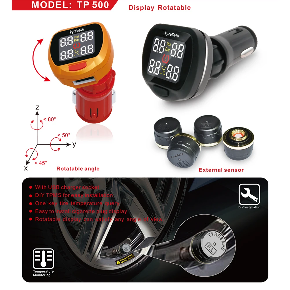 

Rotatable angle TP500 Newest TPMS Display with USB Socket Support Bar PSI Best Tire Pressure and Temperature Monitoring Systerm