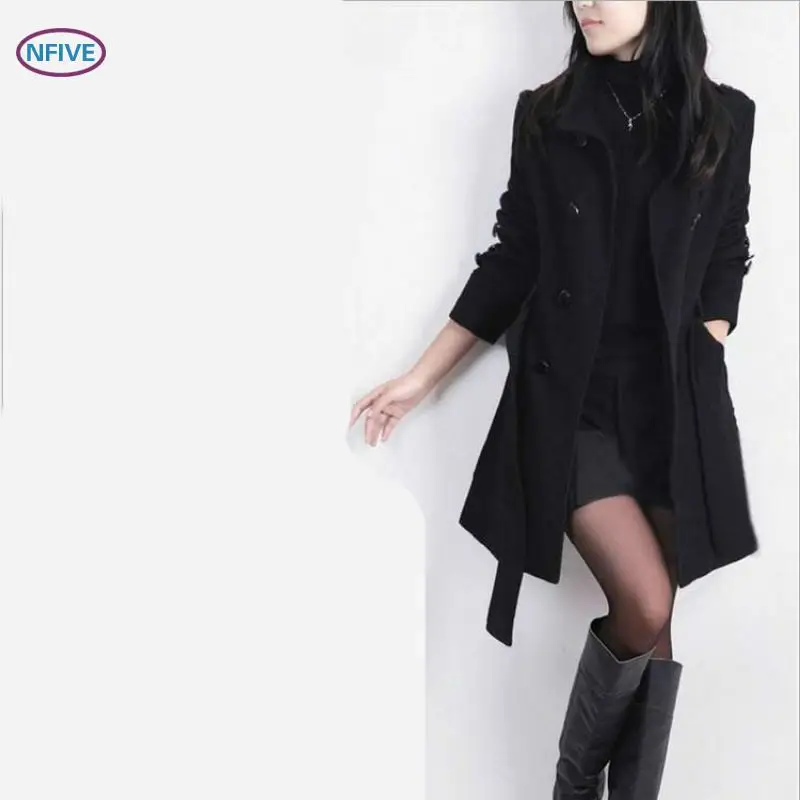 

NFIVE Brand 2018 Women Slim Length Trench Korean Autumn Winter New Lapel Long Sleeve Belt Tie Solid Color Large Size Woolen Coat