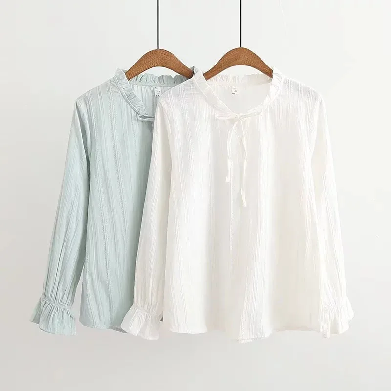 

Dioufond New Long Sleeve Blouse Women Tops Solid O-Neck Women Shirts Fabric Cotton Female Casual Style Blouses Girls Clothing