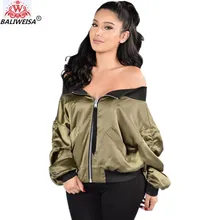 BALIWEISA Satin Bomber Jackets Women Autumn Winter Sexy Off Shoulder Batwing Long Sleeve Basic short Jackets Coat Zipper Outwear