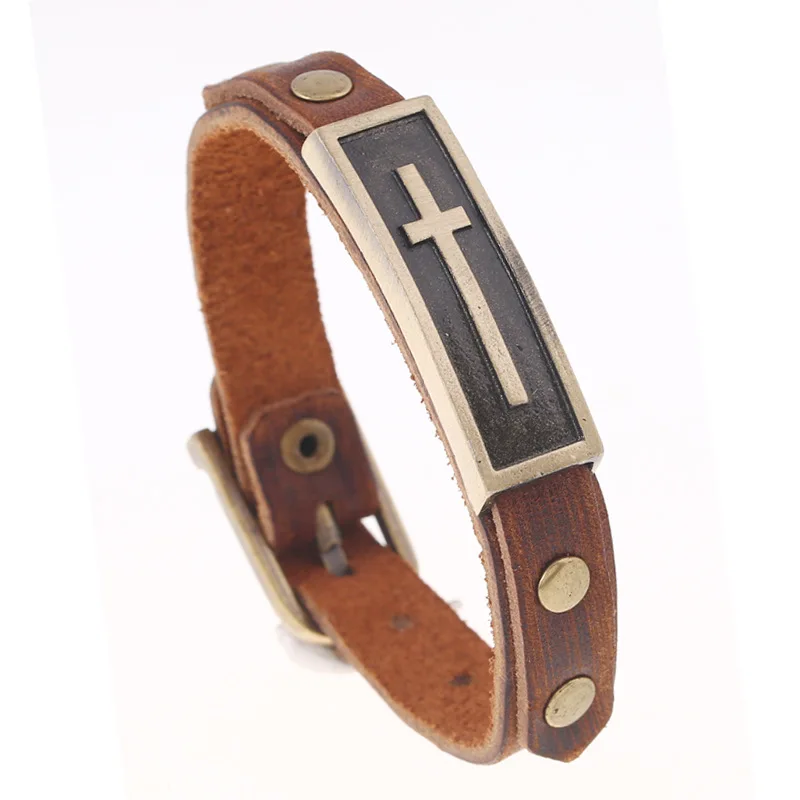 ER Simple Jesus Christ Bracelet Cross Prayer Men Genuine Brown Leather