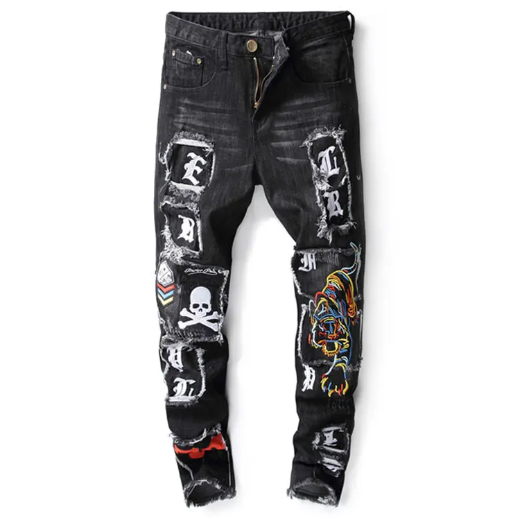 Новые фирменные модные дизайнерские мужские облегающие мужские джинсы, повседневные рваные джинсы с вышивкой тигра и черепа, эластичные джинсовые штаны