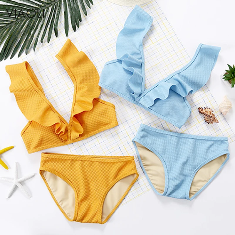 

Korean Deep V Sexy Ruffle Two Piece Swimsuit Low Waist Solid Bikini Set Women Swimwear Bathing Suit Biquinis Beach Girl Spa Wear
