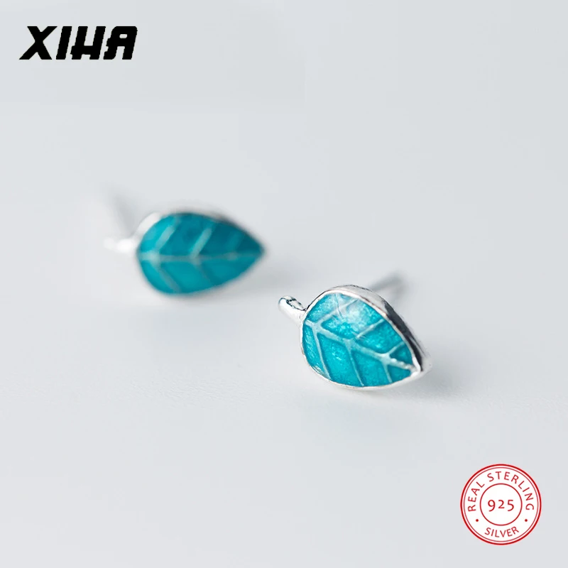 

XIHA Genuine 925 Sterling Silver Earrings for Women Blue Enamel Leaf Small Stud Earring Korean Style Earing Fashion Jewelry 2018