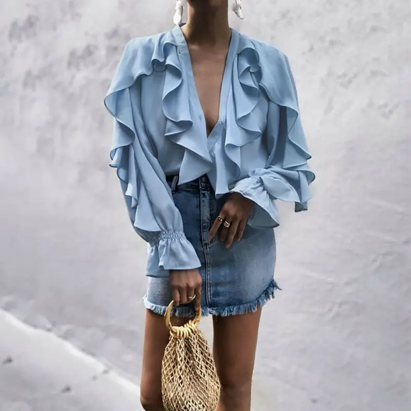 

Women Ladies Chiffon Ruffle Long Sleeve Loose T Shirt Top Summer Solid Color Blue White Beige Summer Autumn Shirt Tops Shirts