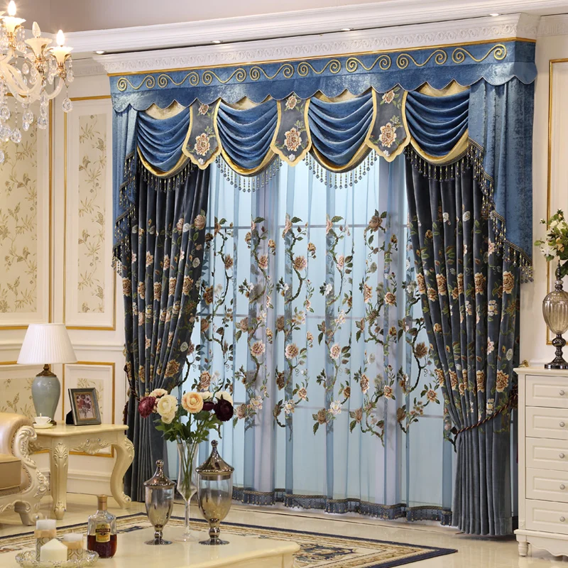 SunnyHouseware Luxury Bule Embroidered curtains and valances lace
