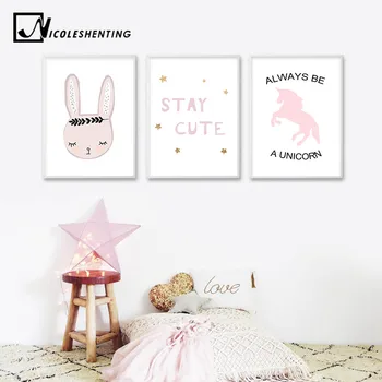 

Cute Pink Unicorn Rabbit Poster Nursery Wall Art Canvas Print Minimalist Nordic Painting Picture Children Living Room Decoration