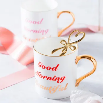 

Good Morning High-grade Bone China Coffee Mug With Gold Handle Couple Ceramic Breakfast Cup Free Shiping