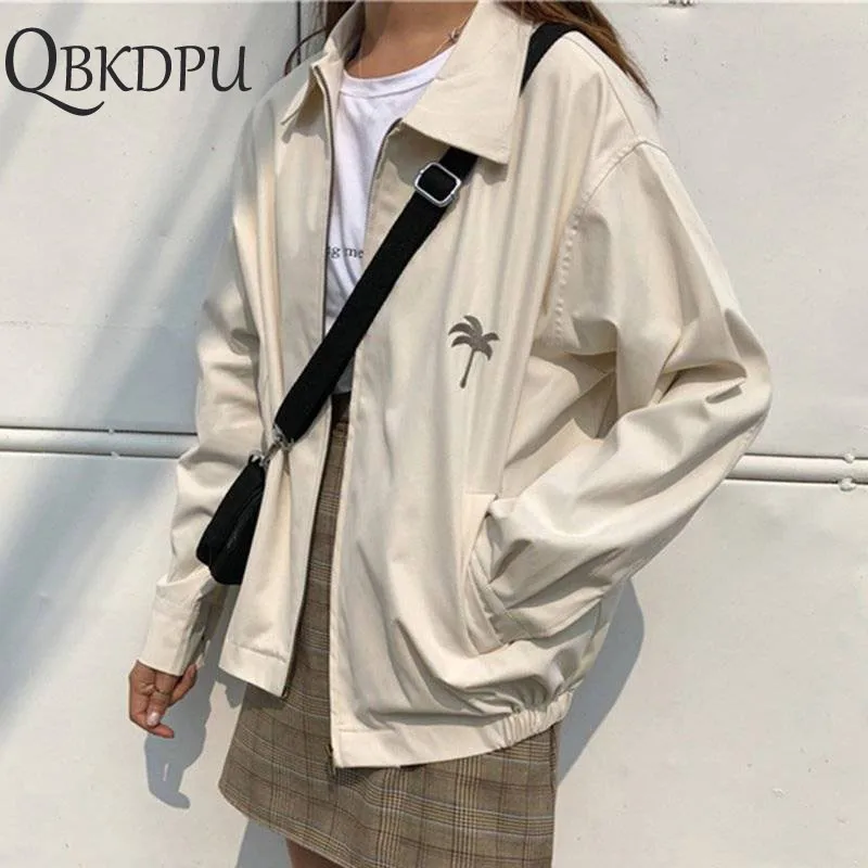 

Women Maple leaf embroidery jacket Autumn Loose boyfriend Harajuku Female coat 2019 Ulzzang Korea Style Fashion Woman outwear