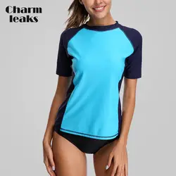 Charmleaks Для женщин короткий рукав сыпь гидрокуртки Рашгард купальные костюмы топ UPF 50 + Running рубашка велосипедах рубашки купальник