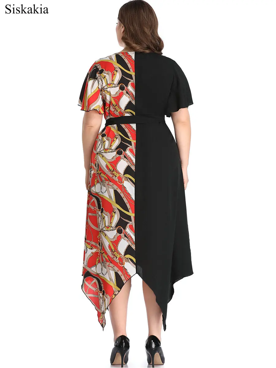 Siskakia 2019 New Contrast Color Patchwork Asymmetrical Dress Ladies Fashion Plus Size Sashes Women Dresses O Neck Short Sleeve (4)