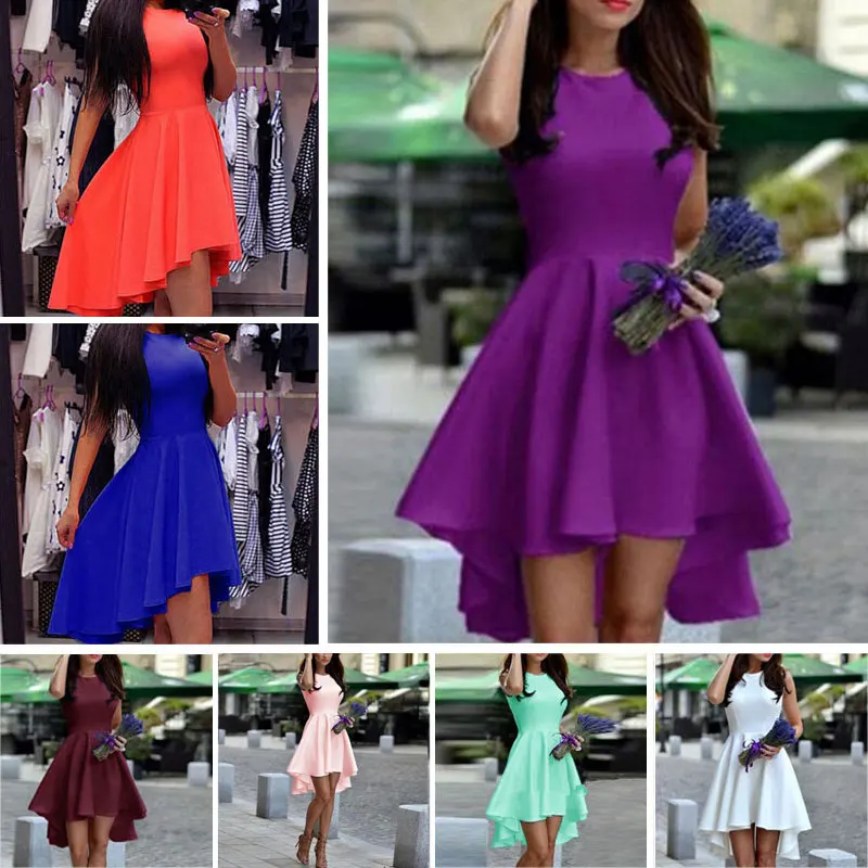 

Summer Women Sexy Dress Sleeveless Solid Color O Neck Irregular Hem High Waist Slim Ladies Short Party Dresses F