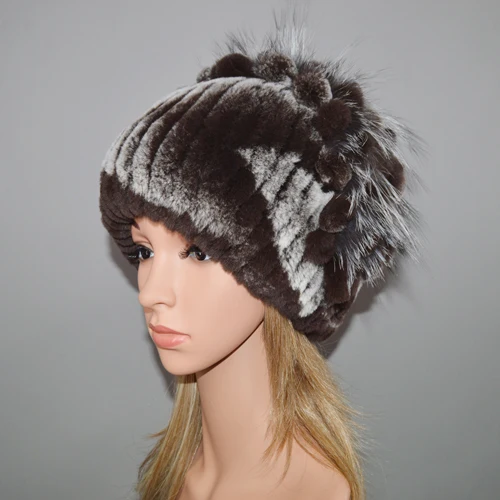 dark brown Новые русские Женские Настоящий мех кролика Skullies шапки Роскошные вязаные цветы натуральная шапка из меха кролика рекс зимние натуральный мех шапочки - Цвет: dark brown
