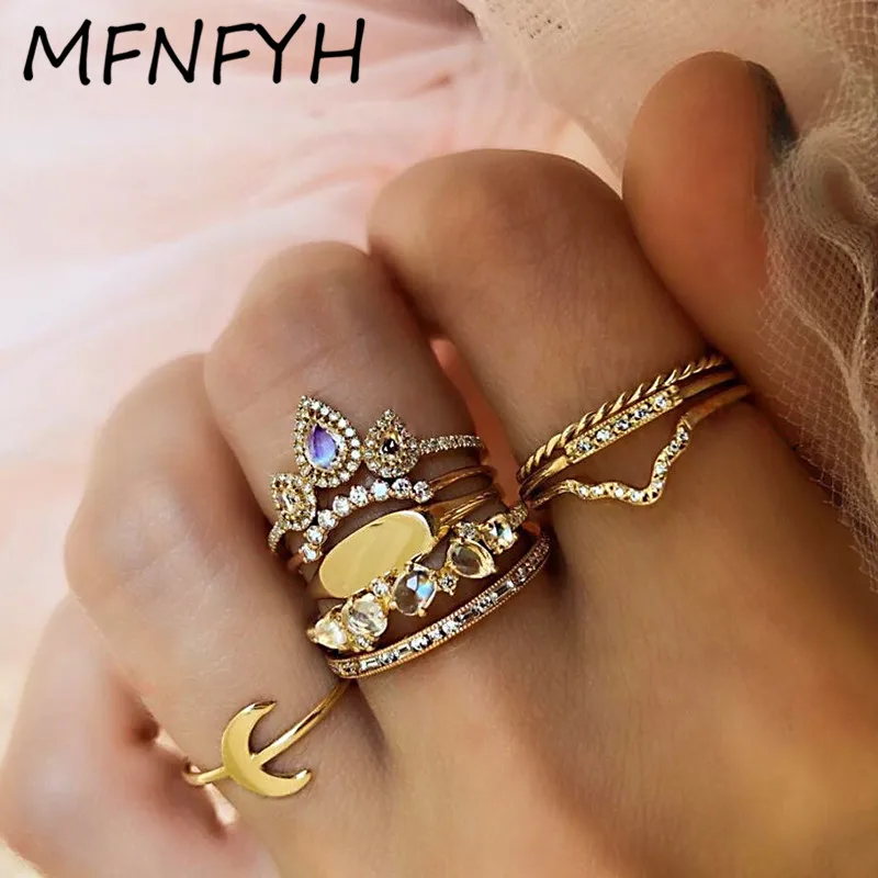 MFNFYH 9 шт./компл. Мода Кристалл форма капли кольца для суставов палец женщин