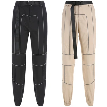 

Cool Black Sweatpants Ladies Fashion Wild Belt Decoration Active Wear Women Casual Harem Pants Spring Reflective Cargo Pants