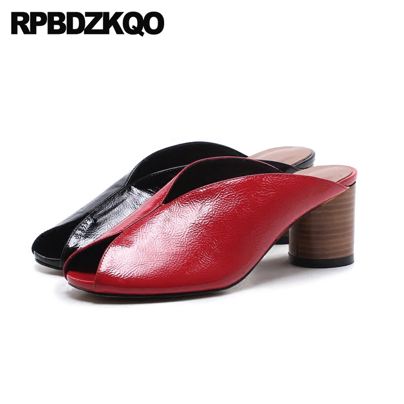 

Famous Brand Genuine Leather Pumps Red Shoes Designer Sandals Women Luxury 2017 High Heels Peep Toe Slides Thick Slip On Chunky