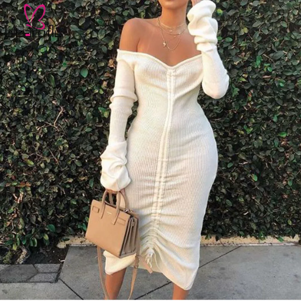 

Knitted Off Shoulder Dress Slash Neck Strapless Drawstring Midi Dresses Women White Robe Autumn Winter Sexy Bodycon Vestidos