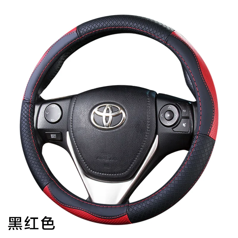 Верхний слой кожаный руль чехлы для Toyota 86 Agya Allion Auris Avalon Aygo Vios Vitz Yaris Mark X Hilux Alphard corolla - Название цвета: black with red