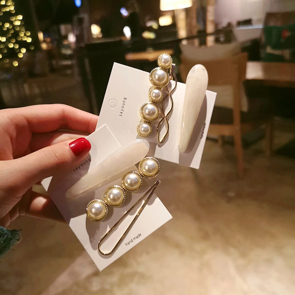 

INS Super Fire Marble Hair Clips Combination Romantic Temperament Pearl Bangs Clip Adult Card Set Pearl Hair Clip